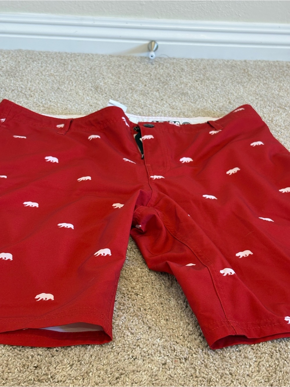 Ezekiel Red Swim Board Shorts with White Bear Motif
